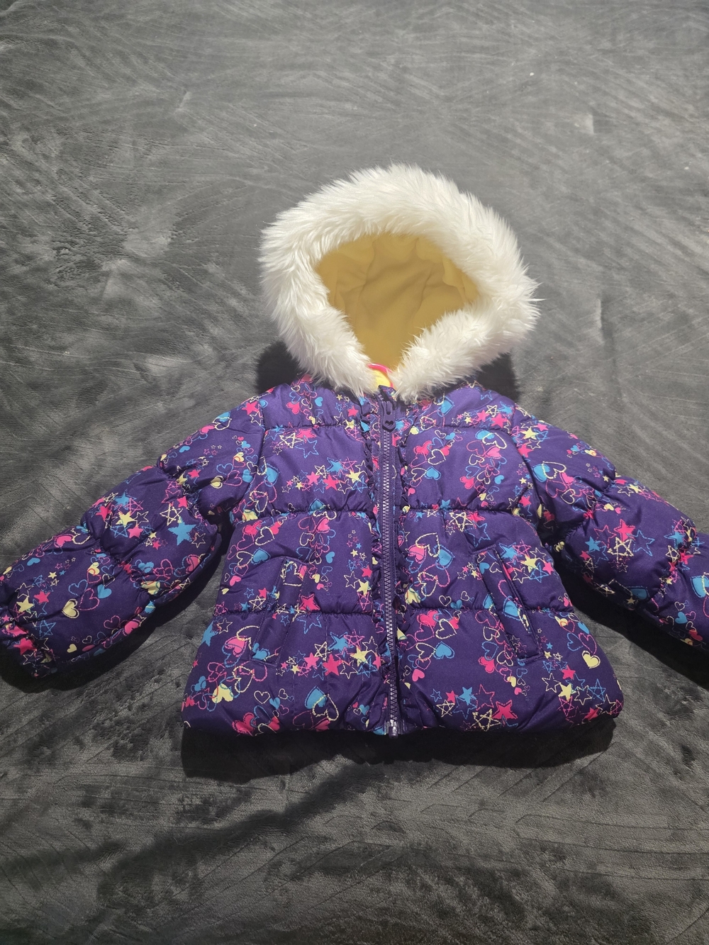 Girls' Purple Heart & Star Puffer Jacket with Faux Fur Hood London Fog Brand